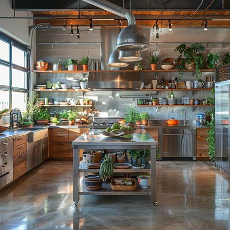 Industrial Kitchen At Home, Rustic Commercial Kitchen, Rustic Chefs Kitchen, Teaching Kitchen Design, Restaurant Kitchen Aesthetic, Show Kitchen Design, Kitchen Remodel Industrial, Commercial Kitchen Design For Home, Industrial Art Studio