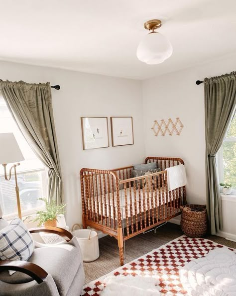 Nursery With Crib In Corner, Mix Match Nursery Furniture, Honey Oak Nursery, Wooden Nursery Furniture, French Country Nursery Gender Neutral, Soft Nursery Ideas, Light Cottage Core Aesthetic, Old Fashion Nursery, Simple Vintage Nursery