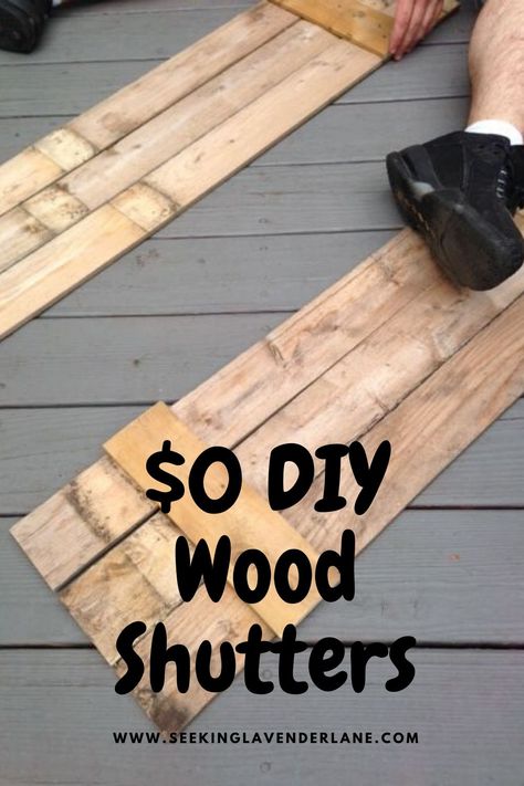 Dyi Shutters Exterior, Farmhouse Shutters Exterior Diy, Simple Shutters Diy, Instead Of Shutters Exterior, Diy Wood Window Shutters, Shutters Made From Pallets, How To Make Window Shutters Diy, Wood Shutters Vinyl Siding, Simple Wood Shutters