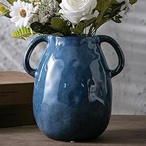 Flower Vase Clay, Vase Clay, Blue Ceramic Vase, Farmhouse Vase, Boho Vase, Dining Table In Living Room, Rustic Pottery, Handle Vase, Home Decor Rustic