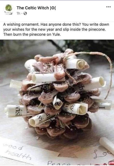 So, I was looking for an activity to do related to Yule. I came to find wish pine cones. What you’ll need: •pinecone 🌲 •paper 📄 •matches/lighter 🔥 •ribbon/string What you’ll do: Write a wish or something to manifest for the holidays on the paper. Roll the paper up and slide it in between the pinecone pieces (idk what they’re called! 😅). Hand it up on a tree or decorate your altar. On Yule, take a lighter or match and burn it, releasing it i... Cone Fireplace, Fireplace Candle, Yule Traditions, Yule Celebration, Winter Solstice Celebration, Solstice Celebration, Witch Spirituality, Eclectic Witch, Witchy Crafts