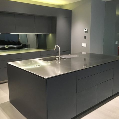 Stainless Steel Kitchen Counters, Stainless Steel Benchtop, Stainless Countertops, Wet Kitchen, Stainless Steel Kitchen Cabinets, Steel Kitchen Cabinets, Stainless Steel Bench, Steel Counter, Plywood Kitchen