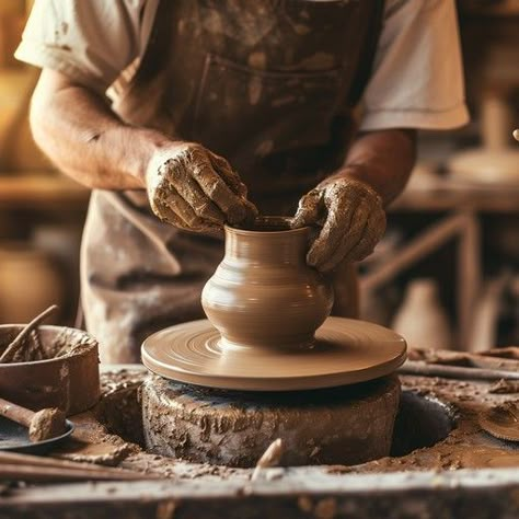 A skilled artisan shapes a clay pot on a spinning potter's wheel in a dusty workshop. Male Pottery Aesthetic, Pottery Wheel Aesthetic, Pottery Wheel Photography, Pottery Photography, Throwing Plates On The Wheel, Clay Spinning Wheel, Throwing A Cup On The Wheel, Throwing A Plate On The Wheel, The Potter's Hand