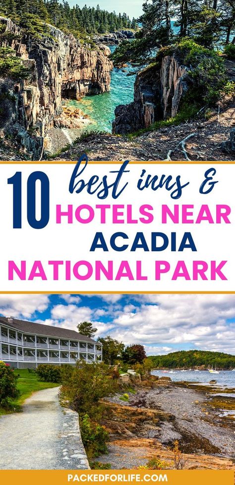 Acadia rocky cliffs and forest. Bar Harbor Inn on sunny day. 10 Best inns and hotels near Acadia National Park. Arcadia National Park, Maine Road Trip, Bar Harbor Maine, National Park Travel, Maine Vacation, Maine Travel, National Park Road Trip, National Parks Usa, Acadia National Park