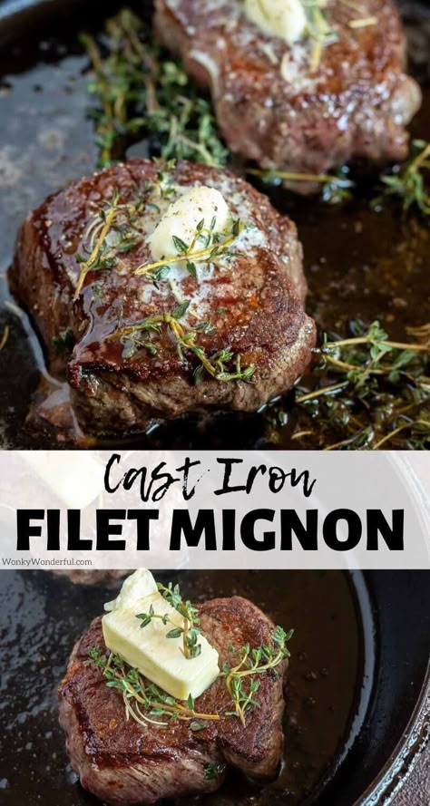 Cooking Filet Mignon in Cast Iron Pan is the easiest way. Pan seared filet mignon gets finished off in the oven for a great outer crust and juicy, tender inside. Top with herbs and butter for the ultimate steak dinner recipe. #filetmignonrecipes #filetmignon #steakrecipes #dinnerrecipes #easydinnerrecipes #lowcarbrecipes #ketorecipes Cast Iron Filet, Cast Iron Filet Mignon, Skillet Recipes Dinner, Pan Seared Filet Mignon, Cast Iron Skillet Recipes Dinner, Filet Recipes, Steak Dinner Recipes, Filet Mignon Recipes