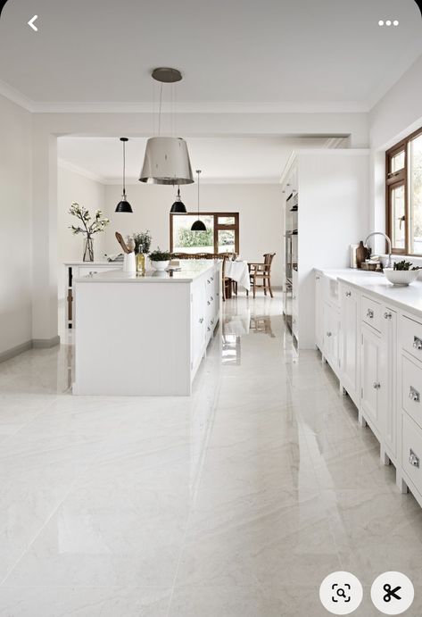 Kitchen Design White Floor Tiles, Kitchen Tile Floor Remodel, Shiny Kitchen Floor Tiles, Open Plan Kitchen Living Room Tiles, Marble Floor In Kitchen, Marble Floors In Kitchen, White Floor White Kitchen, White Kitchen Marble Floor, Marble Kitchen Flooring Ideas