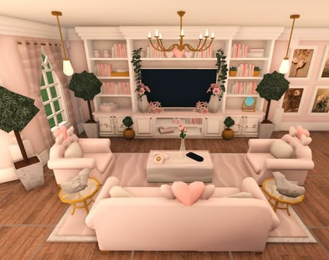 Bloxburg Coquette, Pink House Interior, Blush Living Room, Preppy House, Cottage Bloxburg, Fall Bloxburg, Blocksburg Room Ideas￼, Cute Living Room, House Decorating Ideas Apartments