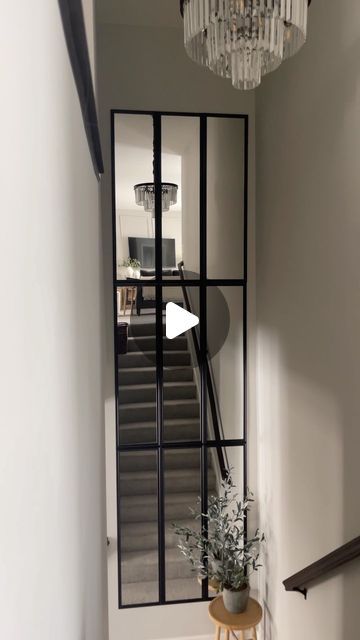 Mirror On Stairs, Stair Well Decor, Windowpane Mirror, Staircase Window, Modern Traditional Home, Window Pane Mirror, Staircase Wall Decor, Stair Well, Entry Wall