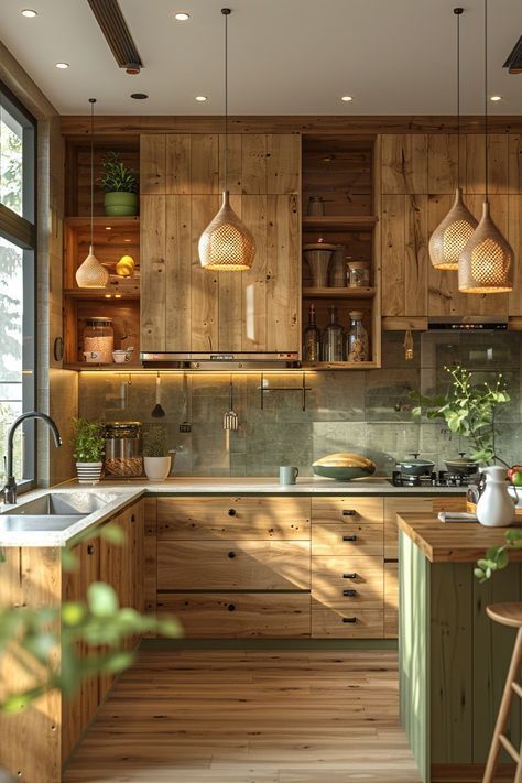 Kitchen Ideas Forest Green, Green Plant Kitchen, Eco Friendly House Interiors, Kitchen Nature Inspired, Green Kitchen Wood Cabinets, Kitchen Wood Ideas, Kitchen Natural Wood Cabinets, Green Countertops Kitchen, Kitchen Ideas Wood Cabinets