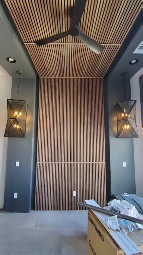 Slatted wood accent wall in new build design. Slatted Wall And Ceiling, Wood Slat Wall To Ceiling, Wood Slat Wall And Ceiling Bedroom, Slat Wall Ceiling Ideas, Slat Wood Wall Diy, Decorative Wood Slat Wall, Screen Walls Interior, Wood Slat Wall Vaulted Ceiling, Wood Slats Wall And Ceiling