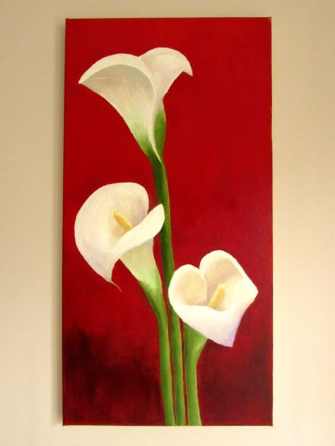 Painting On Red Background, Paintings With Red Background, Painting With Red Background, Red Background Painting, Calla Lily Painting, Painted Lily, Lilies White, Acrylic Painting Ideas For Beginners, Easy Acrylic Painting Ideas