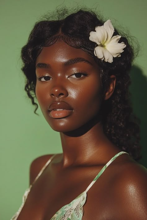 Portrait Styles Photography, Refrences Girl Black, Natural Earthy Makeup Look, Earth Tones Photography, African Women Photoshoot, Black Women Green Aesthetic, Black Woman Reference Photo, Black Women Portrait Photography, Women Of Color Aesthetic