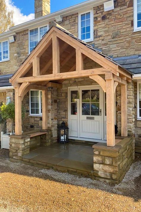 Fabulous Oak Porch Creates a Great Welcome Oak Porches, Porch Oak, Back Door Entrance, Oak Porch, Driveway Entrance Landscaping, Home Remodel Before And After, Porch Canopy, Dream Farmhouse, Enclosed Porches