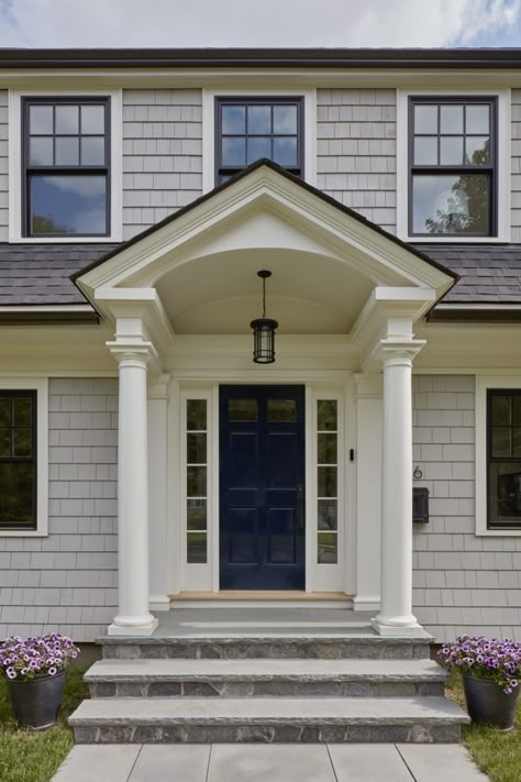 Colonial Bay Window Exterior, Adding Porch To Colonial House, White Dutch Colonial Exterior, Porch On Colonial House, Dutch Colonial Porch, Dutch Colonial Homes Interior Decor, Modern Colonial Front Porch, Garrison Colonial Portico, Colonial House Addition Ideas