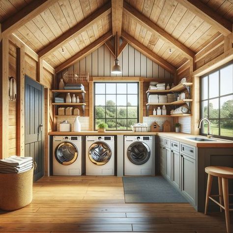 Transform your laundry routine with a spacious and efficient laundry room in your barndominium. Say goodbye to clutter and hello to convenience! #BarndominiumLiving #LaundryRoomGoals Barndominium Ideas Laundry Room, Barndo Mud Room, Barndominium Interior Living Room, Barndominium Interior With Loft, Barndominium Backyard Ideas, Country Barndominium Ideas, Barndominium Closet Ideas, Barndominium Kids Room, Living Room Designs Barndominium