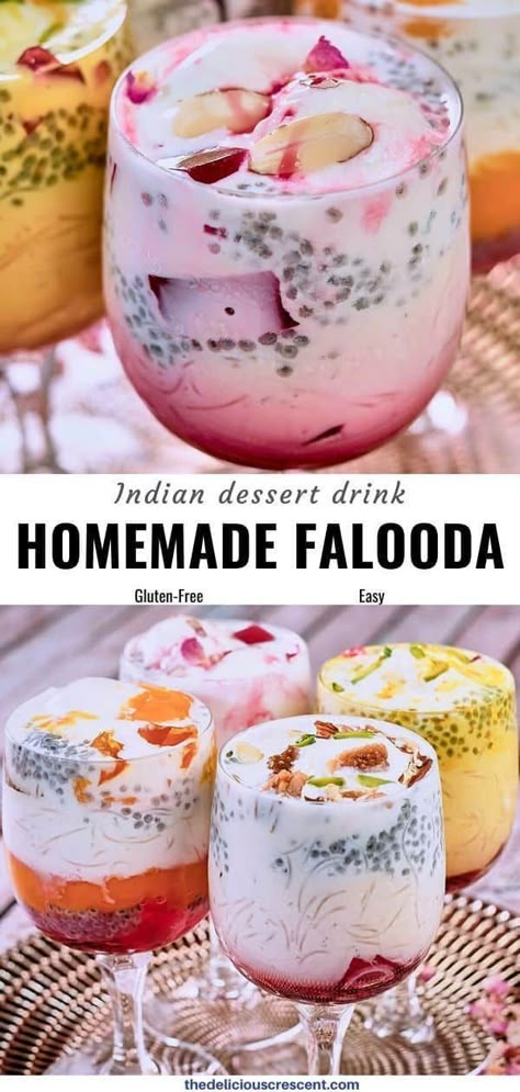 Jello With Fruit, Easy Indian Dessert Recipes, Falooda Recipe, Easy Indian Dessert, Rose Syrup, Rose Flavored, Basil Seeds, Milk Ice Cream, Indian Dessert