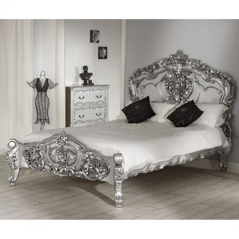 Ornate silver bedroom bed Silver Bedroom Furniture, Rococo Table, Silver Painted Furniture, Silver Bed, Silver Bedding, Antique French Bed, French Furniture Bedroom, French Style Bed, Silver Bedroom