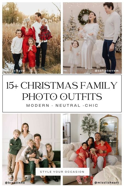 Looking for outfit inspo for holiday family photos? Check out my list of family Christmas pictures outfit ideas that are chic and modern!#FamilyOf4PhotoIdeas #DressyFamilyOutfits #FallFamilyPortraitInspiration Outfits For Family Christmas Pictures, Outfit Ideas For Christmas Pictures, Green And Red Family Picture Outfits, Christmas Outfits Family Pictures, Green Christmas Family Outfits, What To Wear For Christmas Family Photos, Holiday Family Photo Outfits 2024, Black Outfit Christmas Pictures, Christmas Photoshoot Ideas Family Outfit