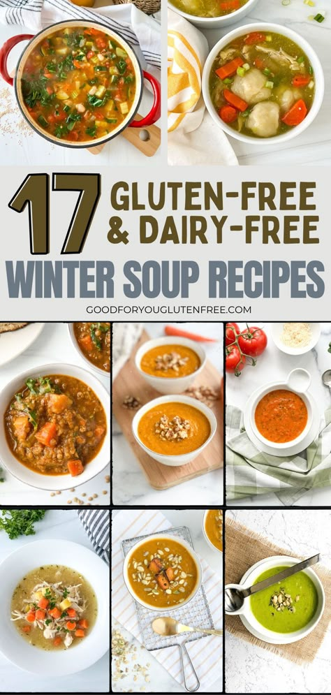 Check out 17 of the best gluten-free and dairy-free soup recipes perfect for a cold winter day. These warm soups include chicken dumplings, classic chicken noodle, vegetable soups including carrot and cauliflower soup, tomato soup, and green pea soup, as well as hearty lentil soup. The list also includes several stews for warm weather and one-pot dinner meals for people who are gluten-free and celiac. Gluten Dairy Free Soup Crock Pot, Healthy Soup Recipes No Dairy, Crockpot Soup Gluten Free Dairy Free, Gf Dairy Free Soup, Liquid Diet Recipes Dairy Free, Dairy Free Recipes Soup, Dairy Free Creamy Soup Recipes, Soup With No Dairy, Non Dairy Crockpot Soups