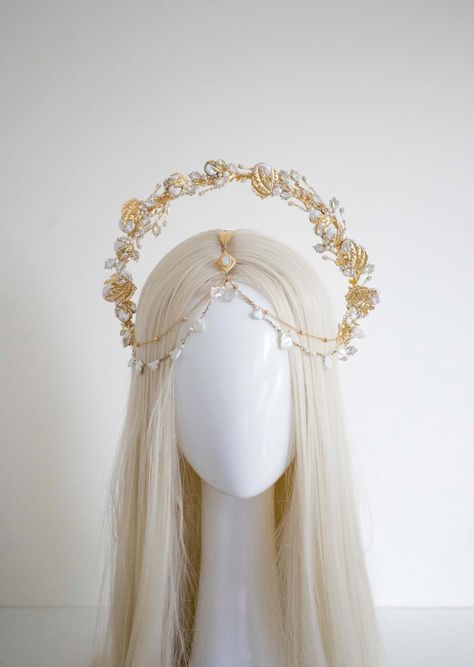 Gold Leaves Pearls Halo  Crown - Panmilli - only for adult! This crown will be a great addition to the fine art photography, wedding, it is suitable as a prop for pregnancy photo-shoot, enhance your festival outfit, fort make-up artist, Ball, Party... This romantic headband is handcrafted using an array of gold metal You will love this headdress and it will serve you well. Package : 1 pcs Hairband Color: Gold *We used clear and opal crystal gemstones, Natural and Imitation Pearls on gold halo headpiece. The Halo Headpiece from Panmilli are works of art, each piece is made by hand with love and passion Thank you for your interest and we look forward to your order :) You can find more crowns in our shop: www.panmilli.etsy.com You can start following us on the instagram: www.instagram.com/pan Ethereal Headpiece, Roman Headpiece, Goddess Headpieces, Angel Headpiece, Branch Headpiece, Headpiece Halo, Crown With Pearls, Fine Art Photography Wedding, Circlet Crown