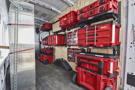 Milwaukee Packout Racking Kit and Shelf | Pro Tool Reviews Trailer Shelving, Work Truck Organization, Work Truck Storage, Milwaukee Tool Box, Van Organization, Truck Organization, Van Shelving, Work Trailer, Trailer Organization