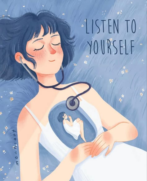 You Are Beautiful Illustration, Posters About Health, Inner Voice Illustration, Good Listener Illustration, Health Related Posters, Listen To Yourself Quotes, Hope Illustration Inspiration, Positive Illustration Quotes, You Only Have Yourself