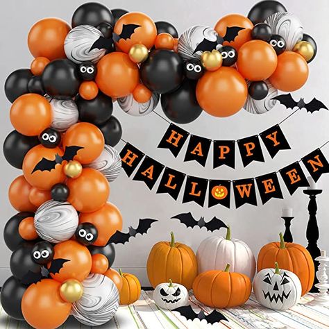 Halloween Balloon Garland, Halloween Balloon, Happy Halloween Banner, Black And Gold Balloons, Balloon Garland Diy, Orange Balloons, Orange Party, Halloween Backdrop, Halloween Balloons