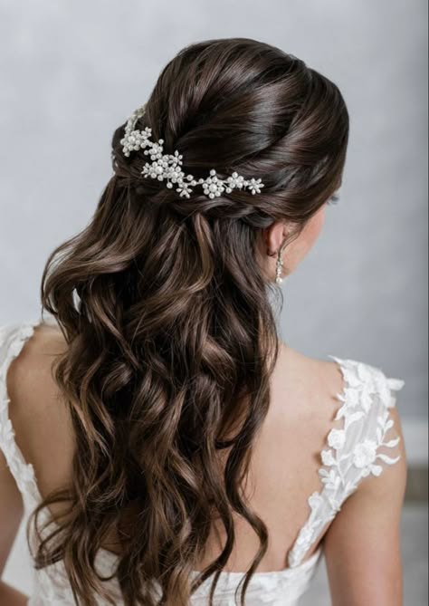 Pearl Wedding Hair Half Up, Half Up Half Down Wedding Hair Hairpiece, Hairstyle For White Gown, Bridal Hair Accessories Headpieces, Half Up Half Down With Pearls, Hairstyle On Gown, Hairstyles On Gown, Hairstyle For Gown, Wedding Dress Autumn