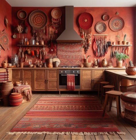 Red Walls Kitchen, Kitchen With Red Walls, Kitchen Maximalist, Purple Kitchen Cabinets, Red Kitchen Walls, Farmhouse Kitchen Rustic, Maximalist Kitchen, 1950s Kitchen, Kitchen Retro