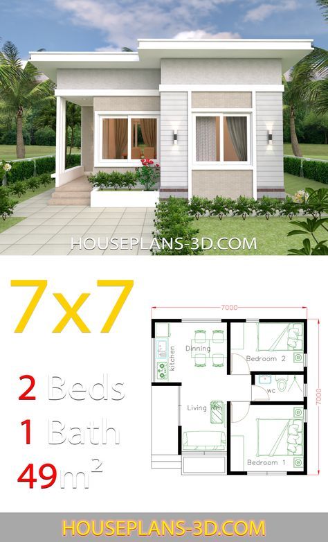 Small 3 Bedroom House Plans With Flat Roof 3 Bedroom Contemporary 0AD House Plans 3d, 2 Bedroom House Design, One Bedroom House Plans, Small Modern House Plans, One Bedroom House, Small House Layout, Two Bedroom House, 2 Bedroom House Plans, Small Modern Home