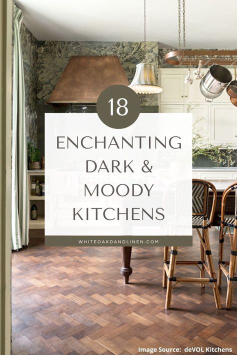 Are you looking to refresh your kitchen but want something a bit different than the typical bright white kitchens you see all over Instagram? White Oak & Linen selected 18 gorgeous dark and kitchens that are oozing with character and warmth and are sure to give you the modern and unique kitchen design inspiration you’ve been searching for! Image source: deVOL Kitchens Small Kitchens Black Cabinets, Manly Kitchen Decor Ideas, Sabbe Interior Design Kitchen, Dark Kitchen Makeover Before After, Dark French Country Kitchen, Black Kitchen Wallpaper, Dark Cottage Kitchen Ideas, Dark Wall Light Cabinets Kitchen, Dark Kitchen With White Cabinets