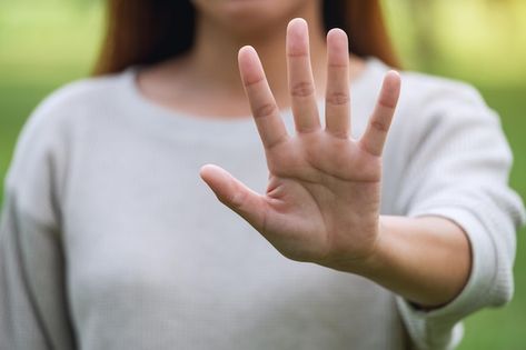 Closeup image of a woman outstretched ha... | Premium Photo #Freepik #photo #no-hand #say-no #refuse #stop-hand Stop Hand Sign, Outstretched Hand, Issues Quotes, Hands Reference, Cease And Desist, Informed Consent, Constitutional Law, What Do You Feel, Hand Sign