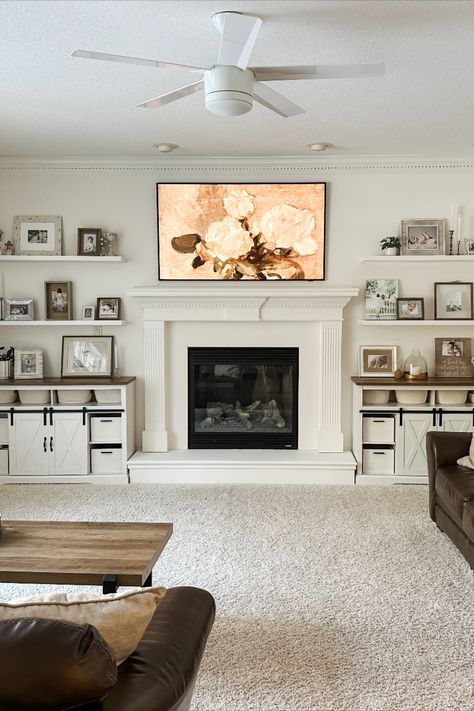 Living Room Fireplace Flat Wall, Living Room Designs Tv On Wall, Living Room Wall With Fireplace And Tv, Dining Room In Front Of Fireplace, Middle Fireplace Living Room, Narrow Fireplace Room, Tv On Top Of Fireplace Living Rooms, Frame Tv Gallery Wall Fireplace, Living Room Focal Wall With Tv