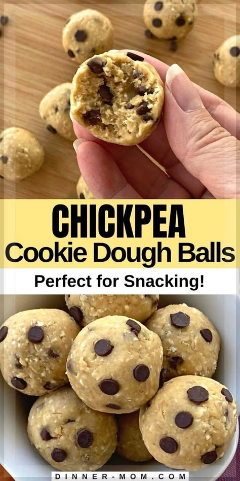 Looking for an easy, healthy snack for the lunchbox or your afternoon slump? Chickpea cookie dough balls taste like cookie dough. Really!!! But you can enjoy these no-bake bites raw. They're flourless, vegan, and gluten-free. Save them to your snacking board for when the craving hits and follow along for more easy, healthy recipes. Vegan Oat Balls, No Back Energy Balls, Baked Chickpea And Quinoa Balls, Vegan Protein Energy Balls, Chickpeas Recipes Healthy, Dairy Free Energy Bites, No Bake Cookie Dough Balls Weight Watchers, Cookie Dough Hummus Recipe, Healthy Snacks Chickpeas