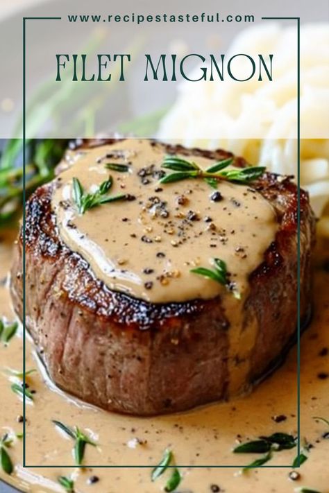 Indulge in a classic steak dinner with this Filet Mignon topped with a rich and creamy peppercorn sauce. Perfect for special occasions or a luxurious weeknight meal, this dish is sure to impress your family and friends. Filet Mignon With Chimichurri, Vegan Filet Mignon, Slow Cooker Filet Mignon, Filet Mignon Oscar Style, Top Side Beef Recipes, Filet Toppings, Filet Mignon Beef Stroganoff, Steak And Peppercorn Sauce, Steak With Bourbon Sauce