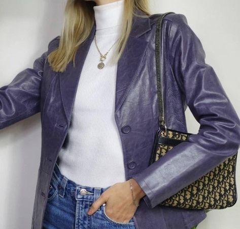 Dark Purple Jacket Outfit, Lavender Leather Jacket Outfit, Purple Leather Jacket Outfit, Plum Leather Jacket Outfit, Purple Long Sleeve Leather Jacket For Spring, Purple Jacket Outfit, Blue Leather Jacket Outfit, Purple Leather Jacket Aesthetic, Leather Jacket Women Purple