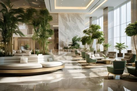 Luxury Hotel Lobby Design, Resort Lobby Design, Luxury Airport Lounge, Luxury Hotel Lobby Lounge, Airport Lounge Design, Hotel Entrance Lobby, Industrial Interior Design Office, Green Lobby, Spa Lobby