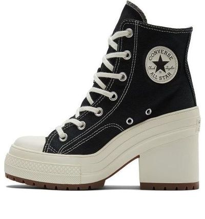 Converse Chuck 70 De Luxe Heel 'Black' A05347C (SNKR/Women's/High Top) High Heeled Converse, Prom Shoes Converse, Converse High Heels Outfits, Chuck 70 Deluxe Heel, Tenis Grunge, Black High Top Converse Platform, Converse Heel, High Heel Converse, Converse High Tops Platform Black