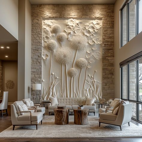 Plaster wall covering oversize whimsical dandelions , interior design double height lobby Double Height Living Room, Layered Lighting, Living Room Wall Designs, Front Wall Design, Wall Decoration Ideas, Interior Design Your Home, Wall Panel Design, Double Height, Comfortable Furniture