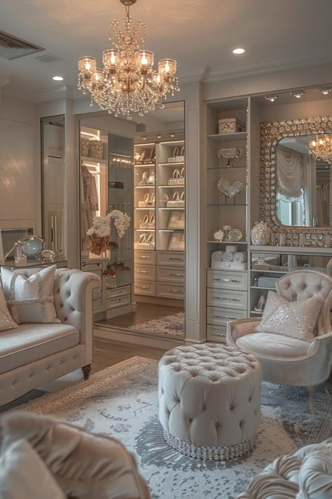 29 Walk In Closet Ideas to Maximize Your Storage in Style 2 Princess Dressing Room, Elegant Dressing Room, Boutique Style Closet, Luxurious Walk In Closet, Dream Closet Room, Mirrored Walls, Wardrobe Display, Walk In Closet Ideas, Princess Closet