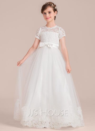 Ball Gown Floor-length Flower Girl Dress - Tulle/Charmeuse/Lace Short Sleeves Scoop Neck With Bow(s) (010136611) - JJ's House Flower Girl Dresses Floor Length, Flower Gown, Baptism Dresses, Summer Ball, Sleeveless Flower Girl Dresses, Girls Ball Gown, Ballet Girl, Gown Princess, Girls Dresses Online