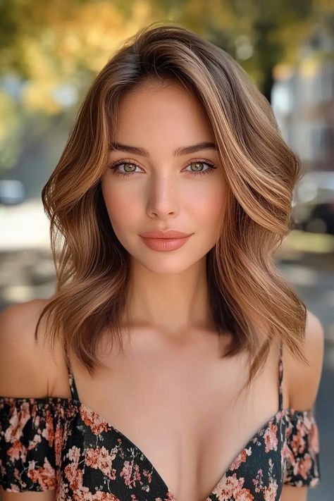 30 Chic Fall Hair Colors for Every Length Big Curls For Medium Hair, Shoulder Length Wavy Hairstyles, Curls For Medium Hair, Long Auburn Hair, Wavy Layered Hair, Curled Hairstyles For Medium Hair, Natural Looking Curls, Warm Highlights, Hair Falls