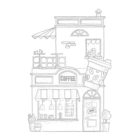 COFFEE, shop, coloring page Coffee Bar Ideas Drawing, Cafe Design Drawing, Coffee Shop Design Drawing, Cafe Drawing Easy, Cafe Drawing Aesthetic, Coffee Shop Drawing Easy, Cafe Shop Drawing, Coffee Shop Painting, Cafe Sketch