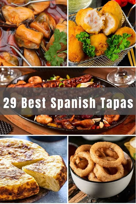 29 Best Spanish Tapas Recipes (Tapas Espanolas) - IzzyCooking Spanish Meal Ideas, Spanish Starters Appetizers, Seafood Tapas Ideas, Tapas Date Night, Tapas Buffet Ideas, Spanish Appetizers For Party, Party Tapas Ideas, Spain Tapas Recipes, Cold Spanish Tapas