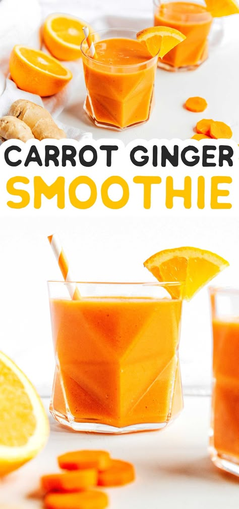 Smoothie With Ginger, Carrot Smoothie Recipe, Carrot Ginger Smoothie, Recipe With Ginger, Drink Breakfast, Healthy Smoothie Recipe, Carrot Smoothie, Quick Smoothies, Orange Smoothie