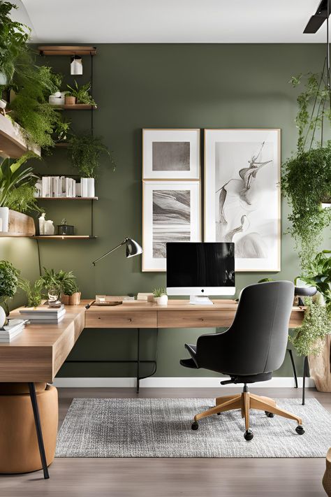 Coworking Home Office, Small Office Ideas With Standing Desk, Home Office Ideas Guest Room, Work From Home Room Setup, Home Office With Green Walls, Office Aesthetic Green, Inspiring Office Decor, Work Study Aesthetic, Green Office Room Ideas