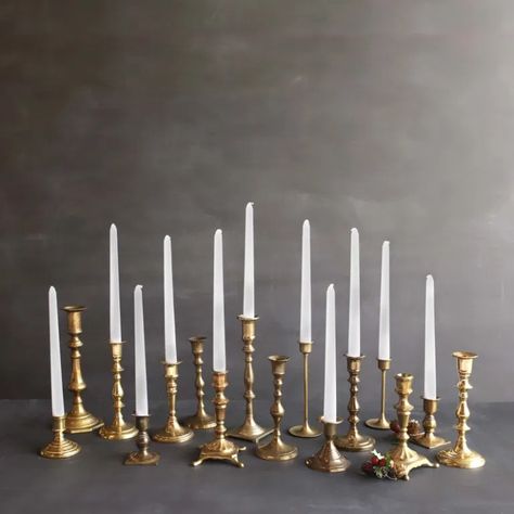 These brass candlesticks are timeless and beautiful. They are a part of a candle roundup post that you'll want to check out. Fall Candle Holders, Antiqued Candle Holders, Candle Sticks Wedding, Gold Candle Sticks, Antique Candles, Gold Candle Holders, Vintage Brass Candlesticks, Vintage Candlesticks, Boho Wedding Decorations