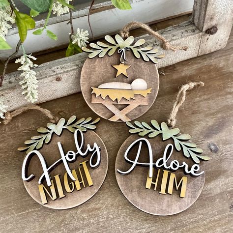 Holy Night | Christmas Baby Jesus | Adore Him Ornament (Set of 3) – Glowforge Shop Laser Cut Wood Crafts, Laser Engraved Gifts, Night Christmas, Laser Engraved Ideas, Christmas Templates, Holy Night, Baby Jesus, Christmas Wood, Wood Ornaments