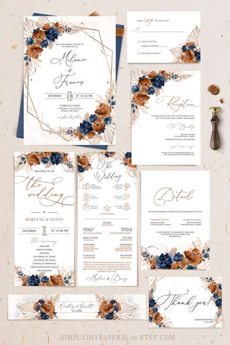 Navy Blue And Light Orange Wedding, Rust And Dusty Blue Wedding Theme, Blush Blue And Burnt Orange Wedding, 1 Page Wedding Invitation, Navy Blue And Rust Wedding Invitations, Terracotta And Blue Wedding Invitations, Navy Sage And Terracotta Wedding, Rustic And Blue Wedding, Teraccota And Blue