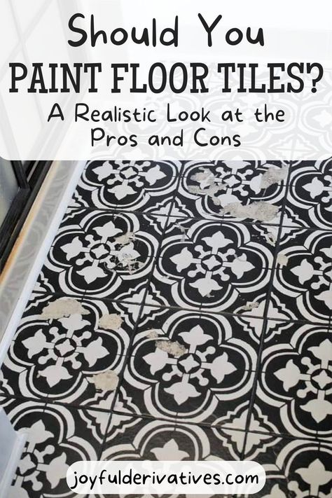 Painted floor tiles can look amazing when done well, but there are a few things you should know before taking on this project yourself. In this post, we'll take a realistic look at the pros and cons of painting floor tiles so that you can make an informed decision before starting your next DIY project. Diy Painted Tile Floor, Paint Floor Tiles, Painted Kitchen Floors, Painting Over Tiles, Painted Tile Floors, Painting Ceramic Tile Floor, Painted Tile Floor, Painted Floor Tiles, Stenciled Tile Floor